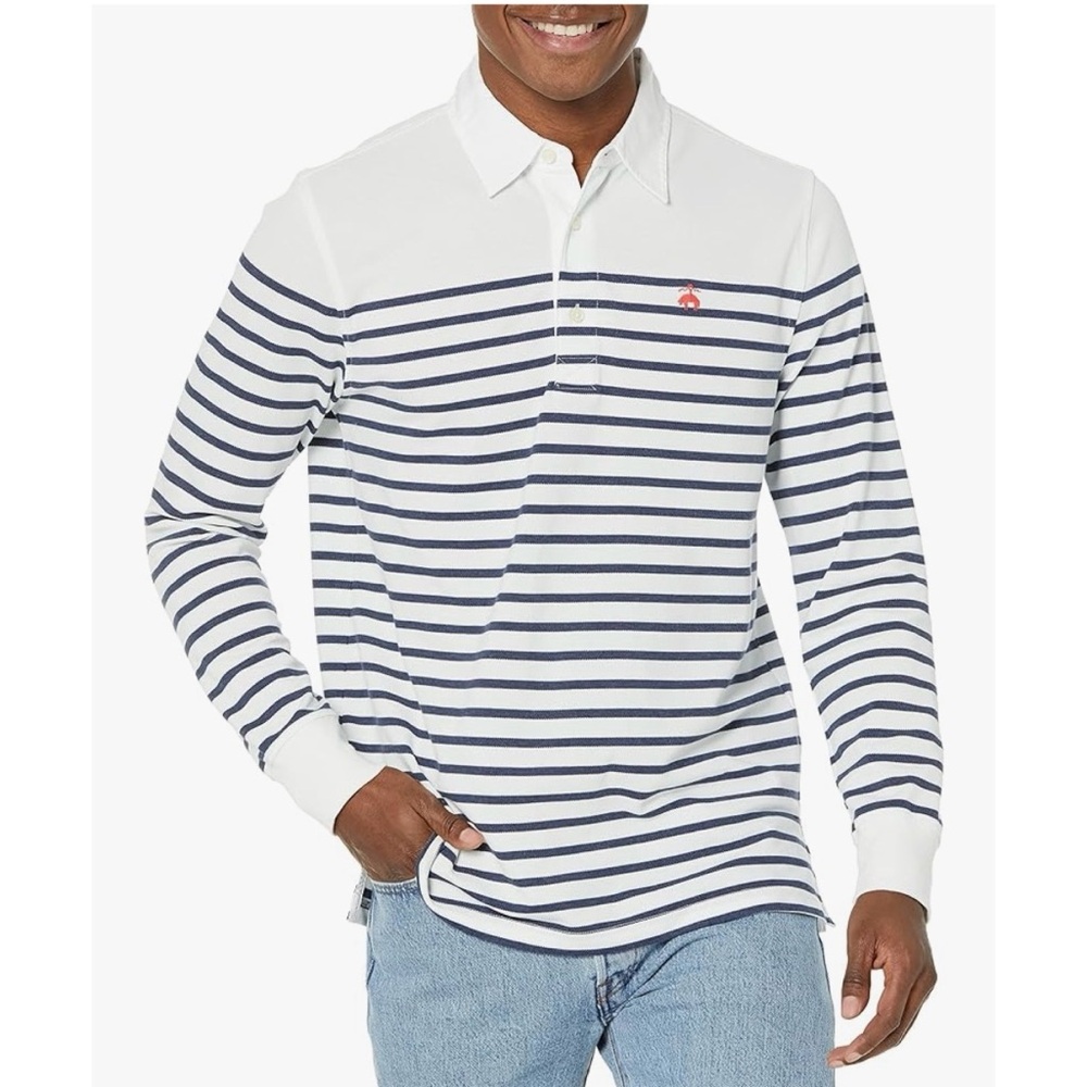 Brooks Brothers Men's Long Sleeve Cotton Pique Polo Shirt, Mariner Stripe XL